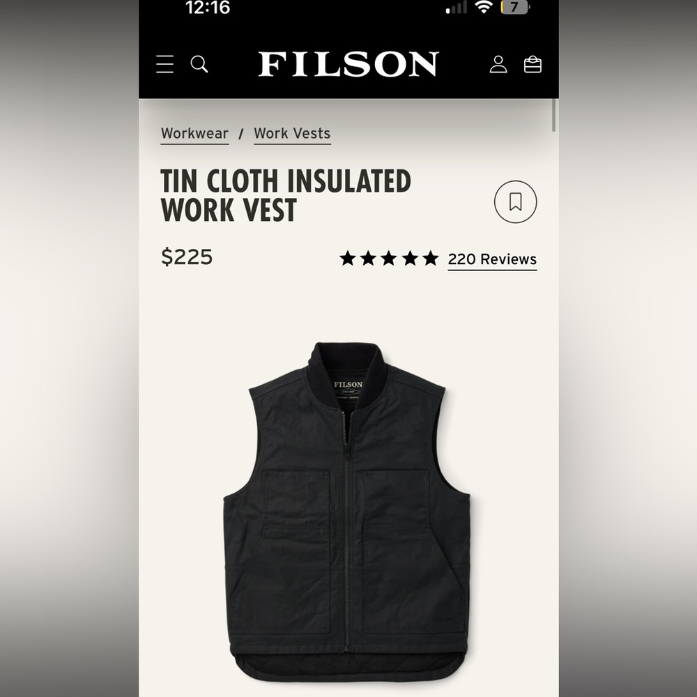 Filson TIN CLOTH INSULATED WORK VEST
